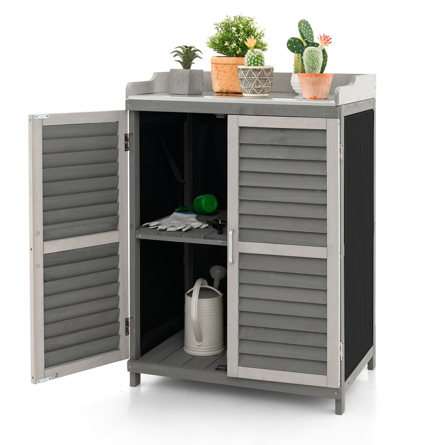 Garden Potting Bench Table with 2 Storage Shelves and Metal Plated Tabletop, Gray