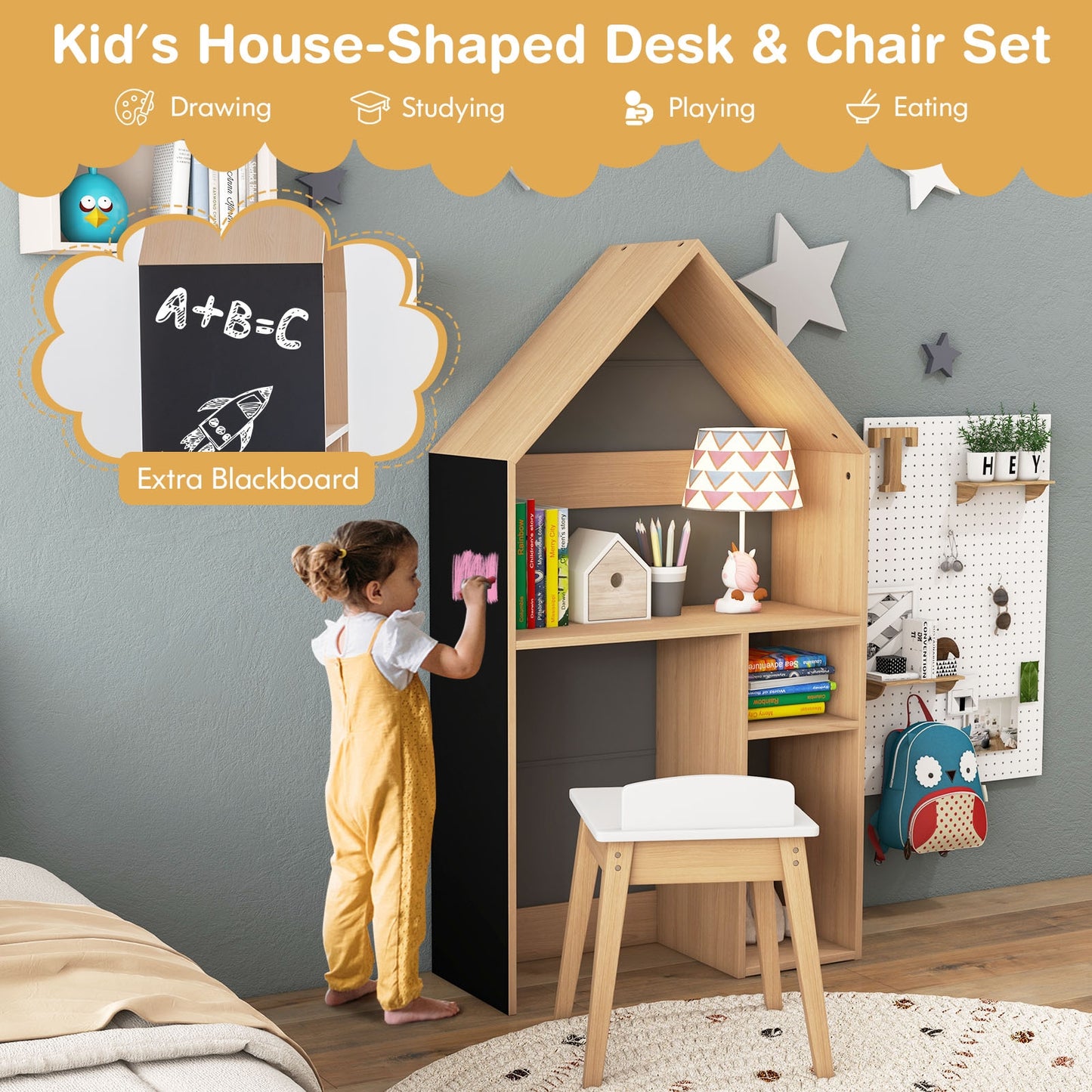 2-in-1 Kids House-Shaped Table and Chair Set, Gray Kids Table & Chair Sets at Gallery Canada