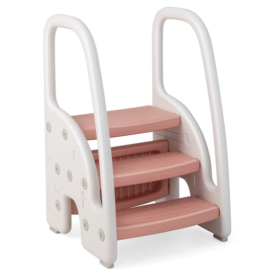 3-Step Stool with Safety Handles and Non-slip Pedals for Toddlers, Pink