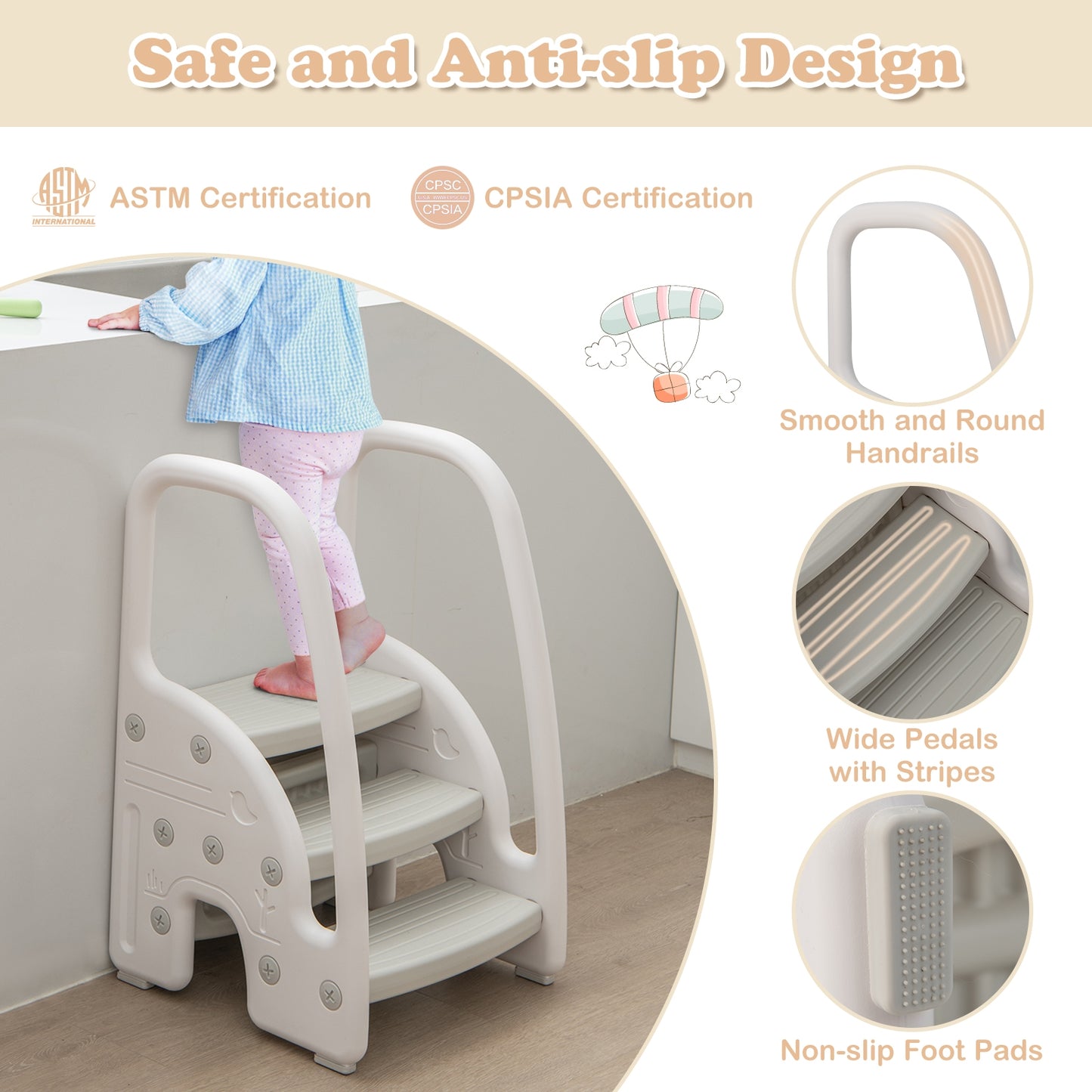 3-Step Stool with Safety Handles and Non-slip Pedals for Toddlers, Gray Toddler & Kids Furniture at Gallery Canada