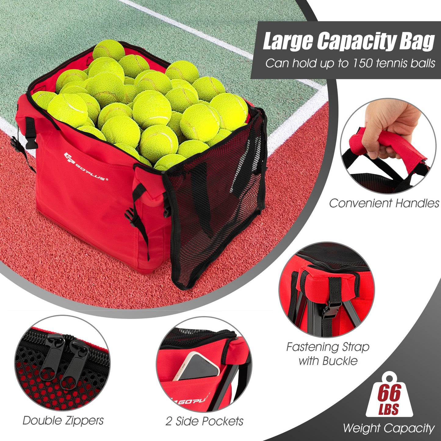 Lightweight Foldable Tennis Ball Teaching Cart with Wheels and Removable Bag, Red Sport Equipments at Gallery Canada