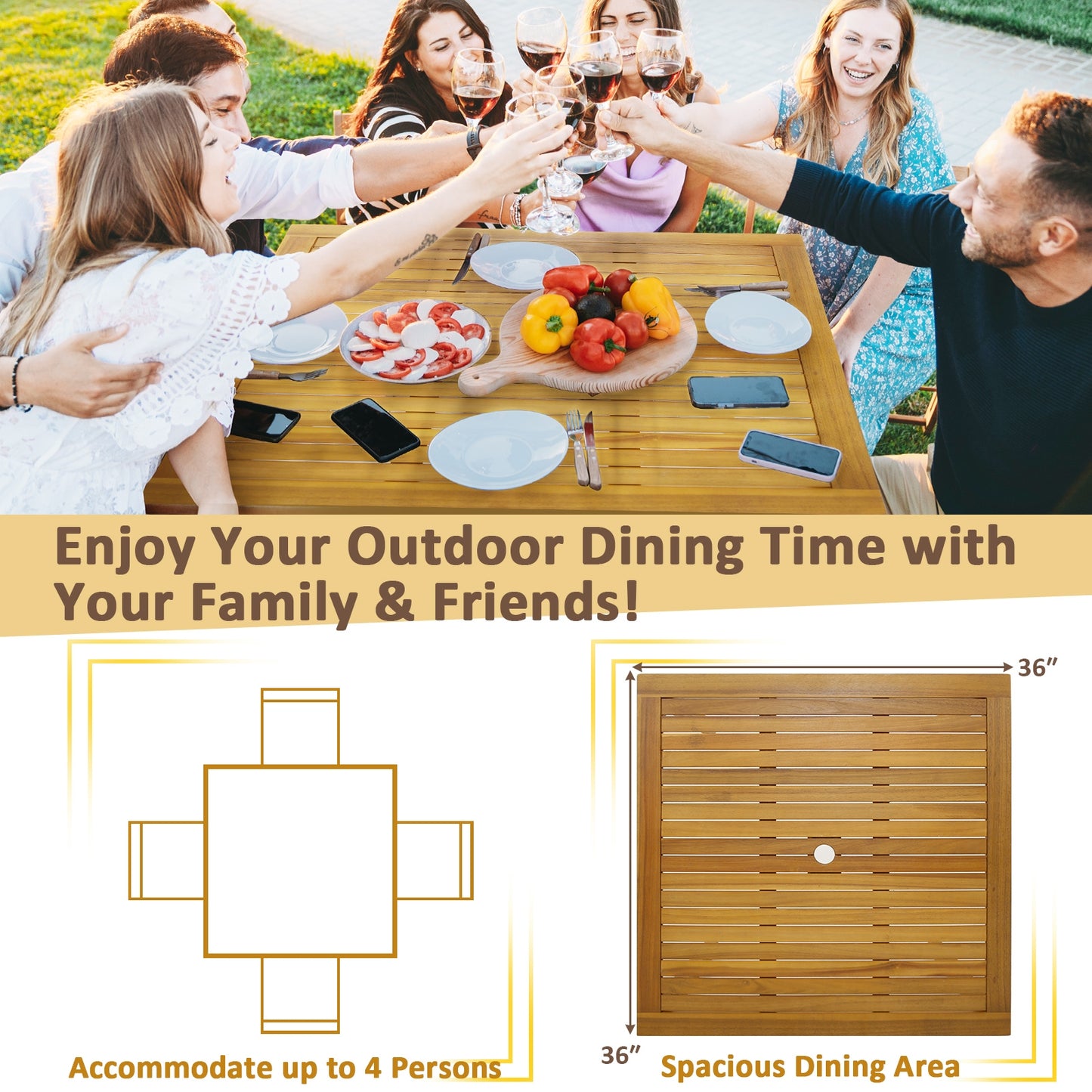Square Acacia Wood Outdoor Dining Table, With Umbrella Hole, Natural Patio Dining Tables at Gallery Canada