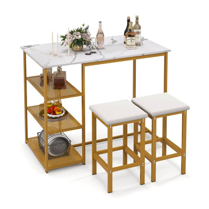 3 Pieces Gold Bar Table Set for 2 with 3-Tier Storage Shelves, Golden