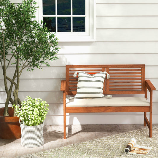 2-Person Solid Wood Patio Bench With Backrest, Cushion, Natural Outdoor Benches Natural at Gallery Canada