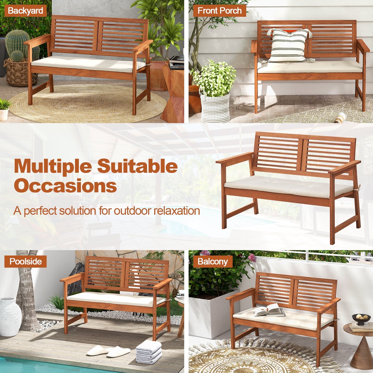 2-Person Solid Wood Patio Bench With Backrest, Cushion, Natural Outdoor Benches at Gallery Canada