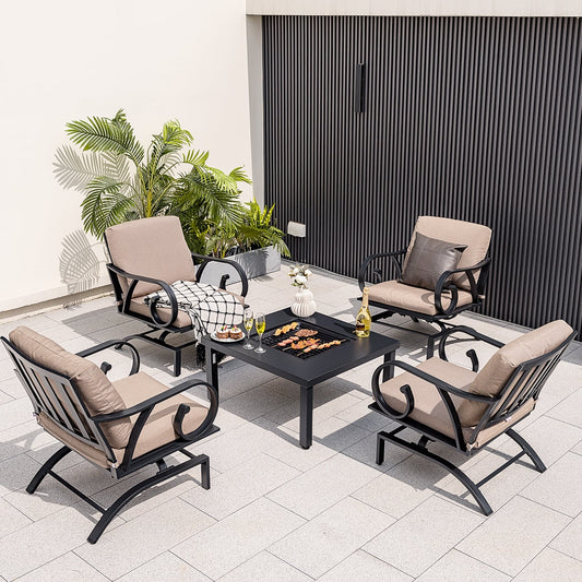 5 Piece Patio Rocking Chairs, 4-in-1 Fire Pit Table, Brown