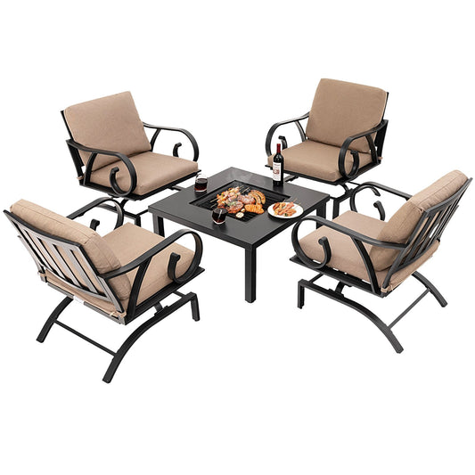 5 Pieces Patio Rocking Chairs and 4-in-1 Fire Pit Table with Fire Poker, Brown