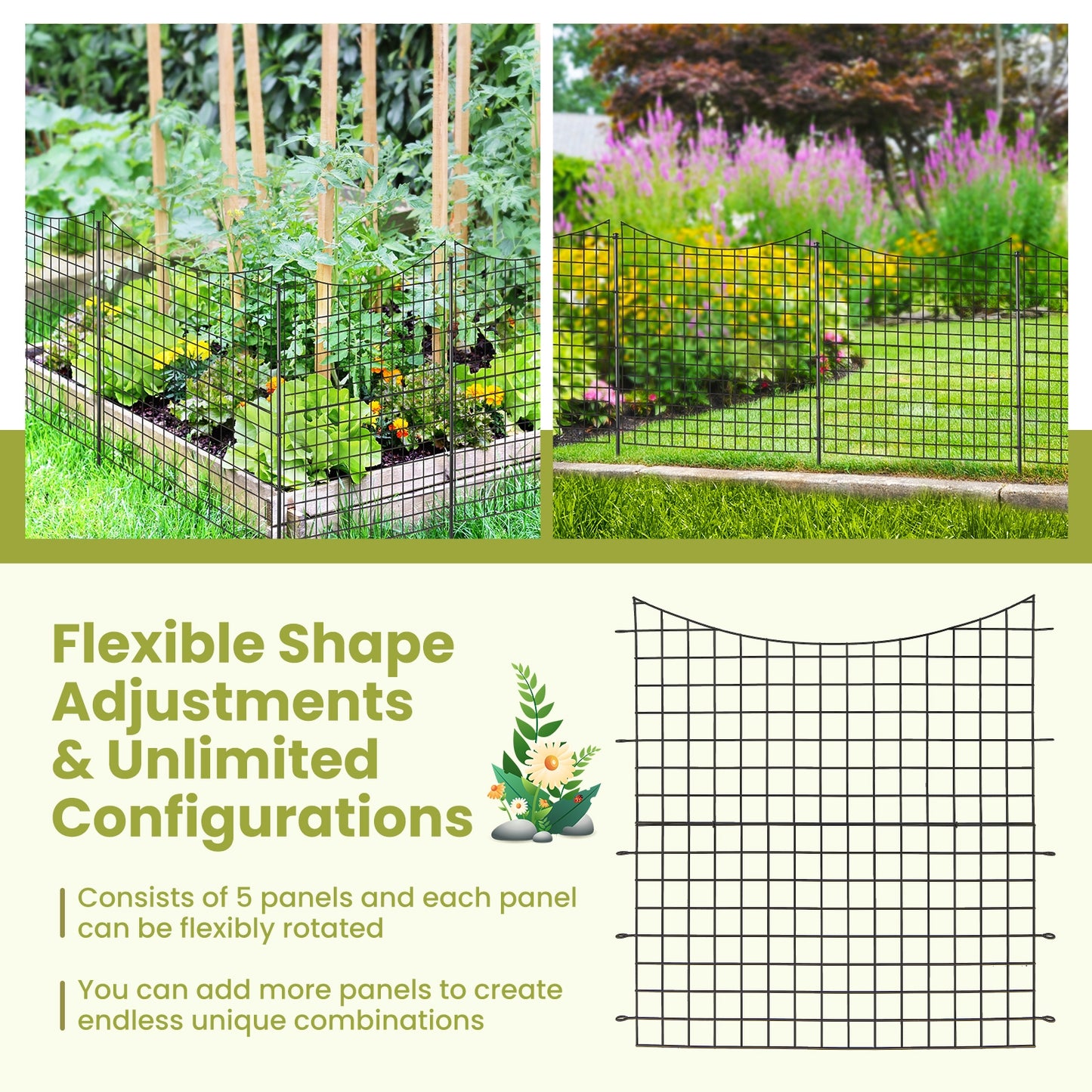 Clôture de Jardin Décorative, 5 Panneaux, 5 Piquets, Noir