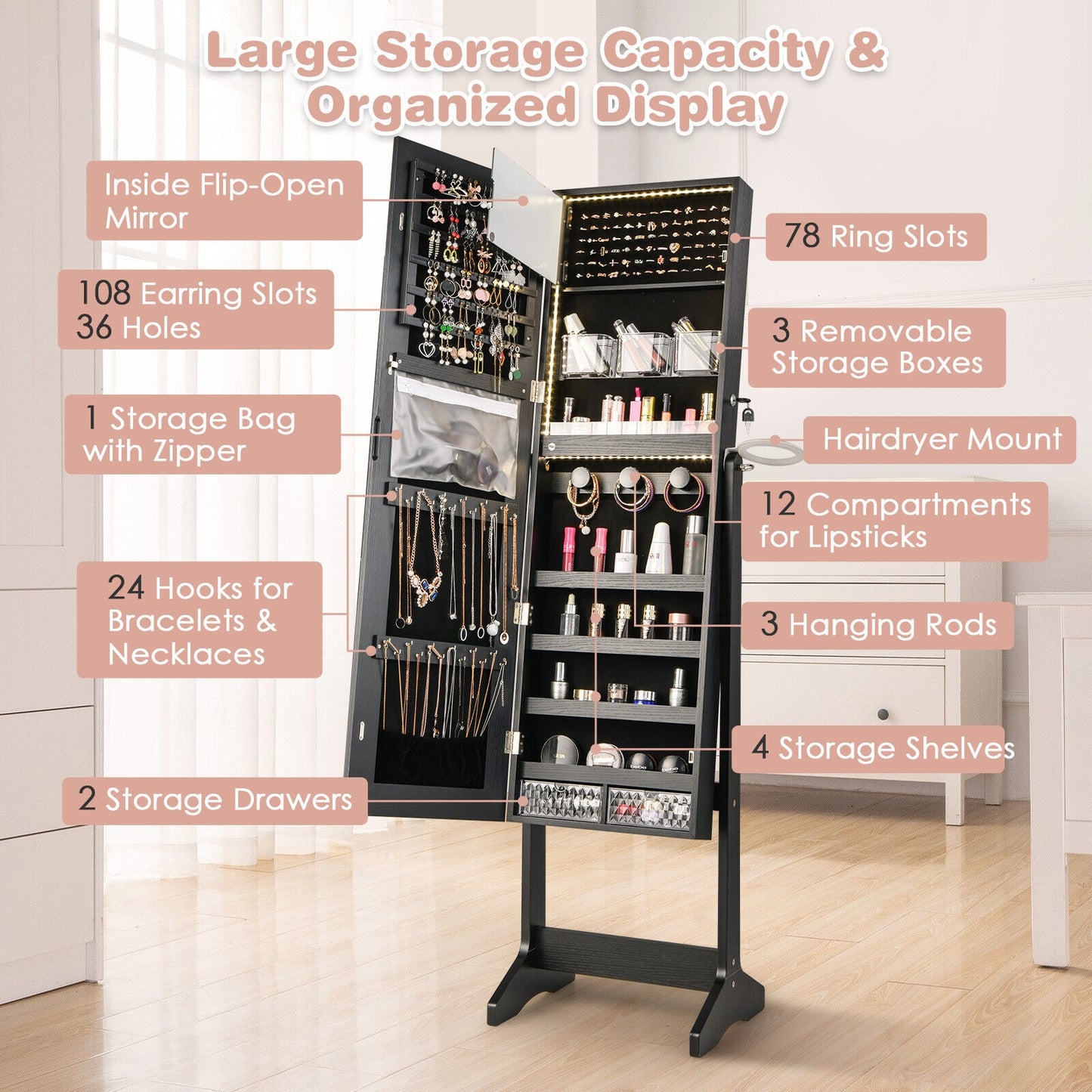 Freestanding Jewelry Cabinet, Full Length Mirror, Black Jewelry Armoires at Gallery Canada