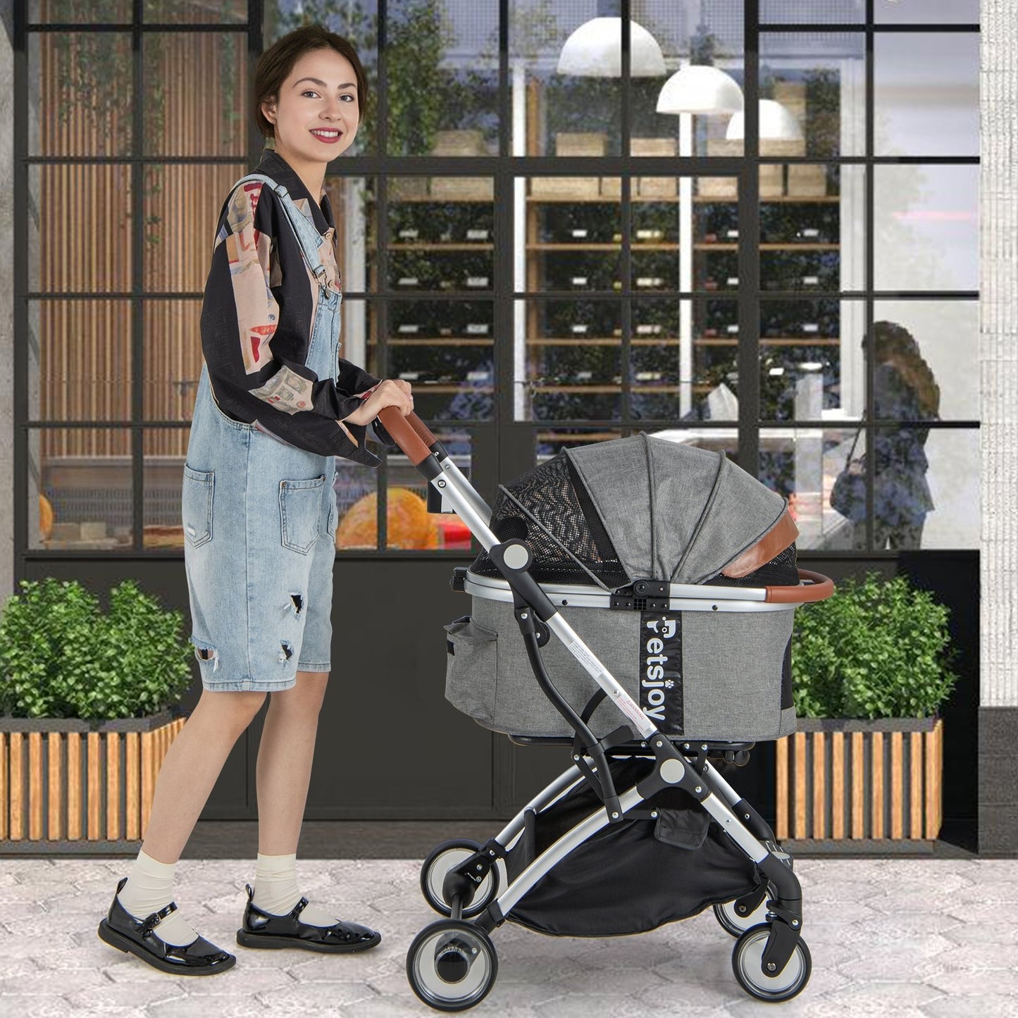 Foldable Dog Cat Stroller with Removable Waterproof Cover, Dark Gray
