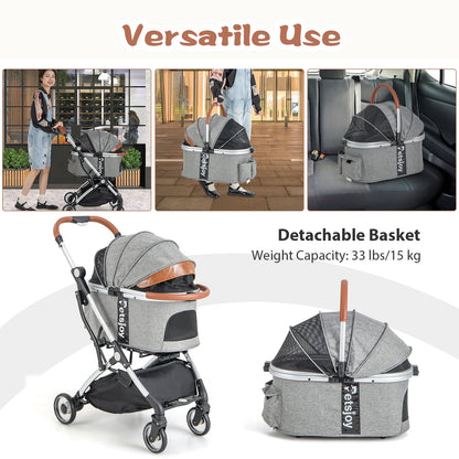 Foldable Dog Cat Stroller with Removable Waterproof Cover, Dark Gray
