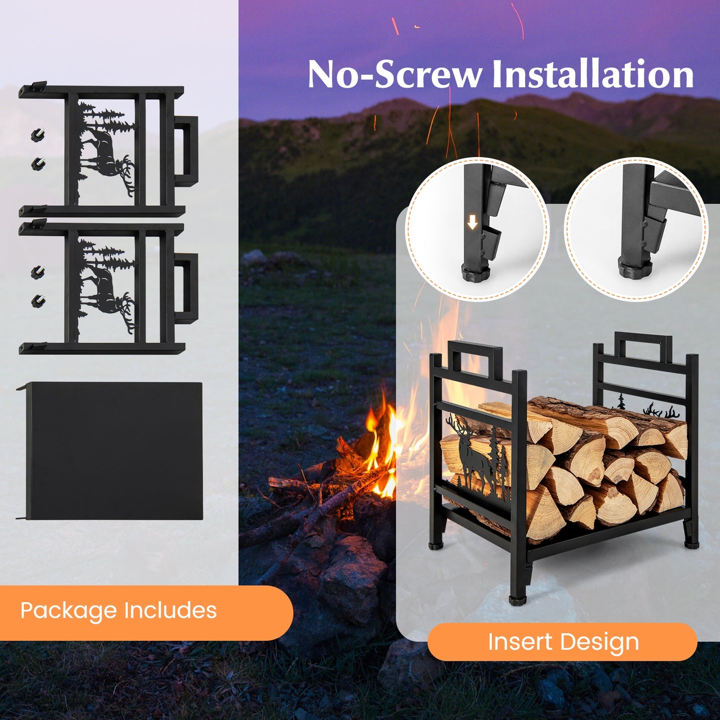 18.5 Inch Metal Firewood Rack, Dual Handles, Black Log Storage at Gallery Canada