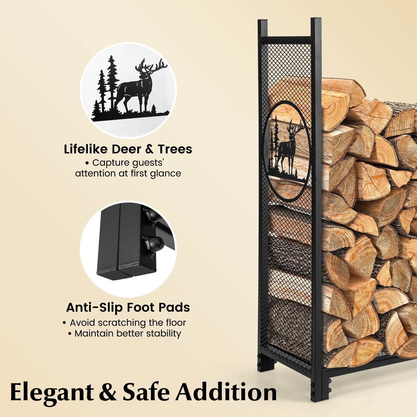 4 Feet Firewood Rack Stand, Mesh Sides, Black Log Storage at Gallery Canada