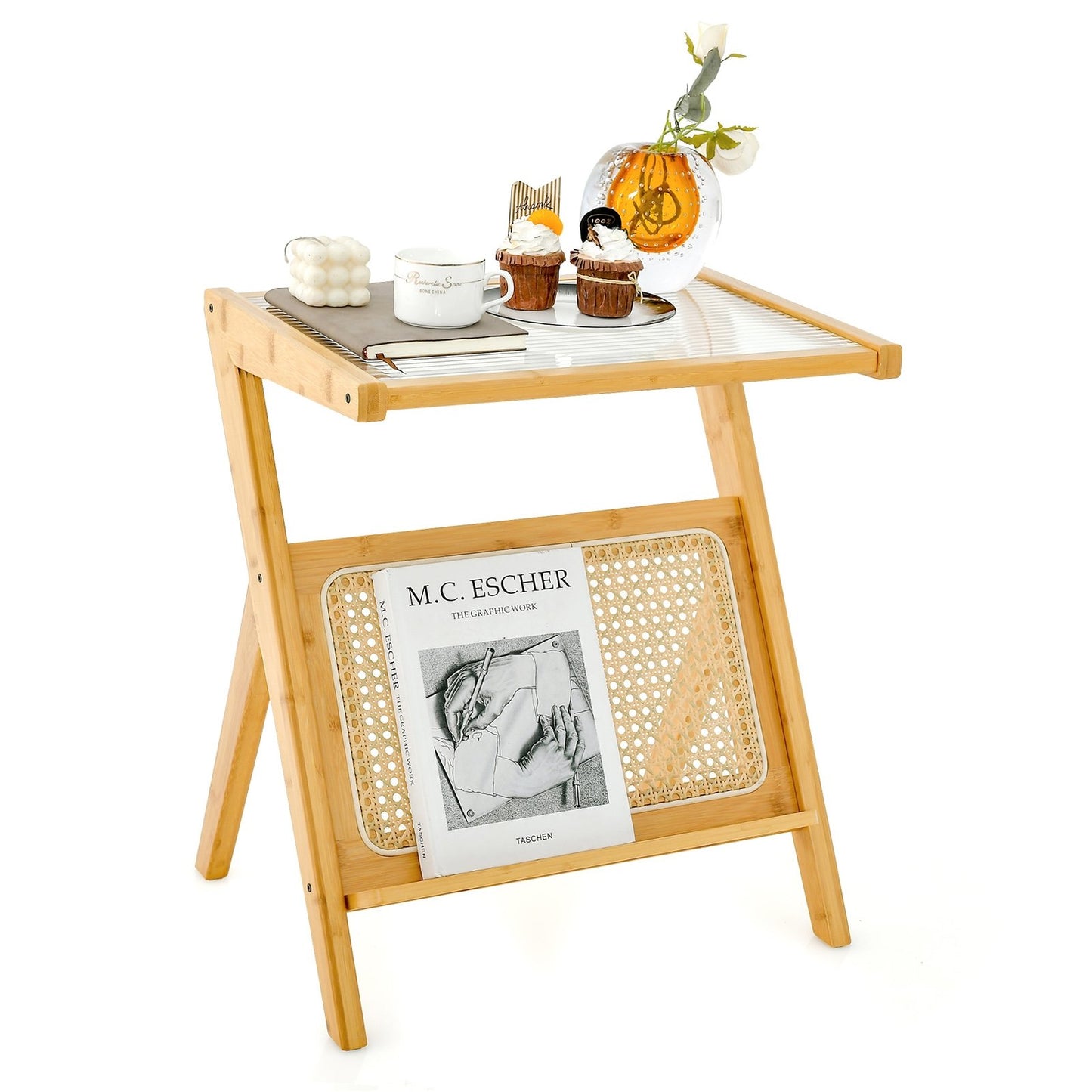 Boho End Table with Magazine Rack and Tempered Glass Top, Natural
