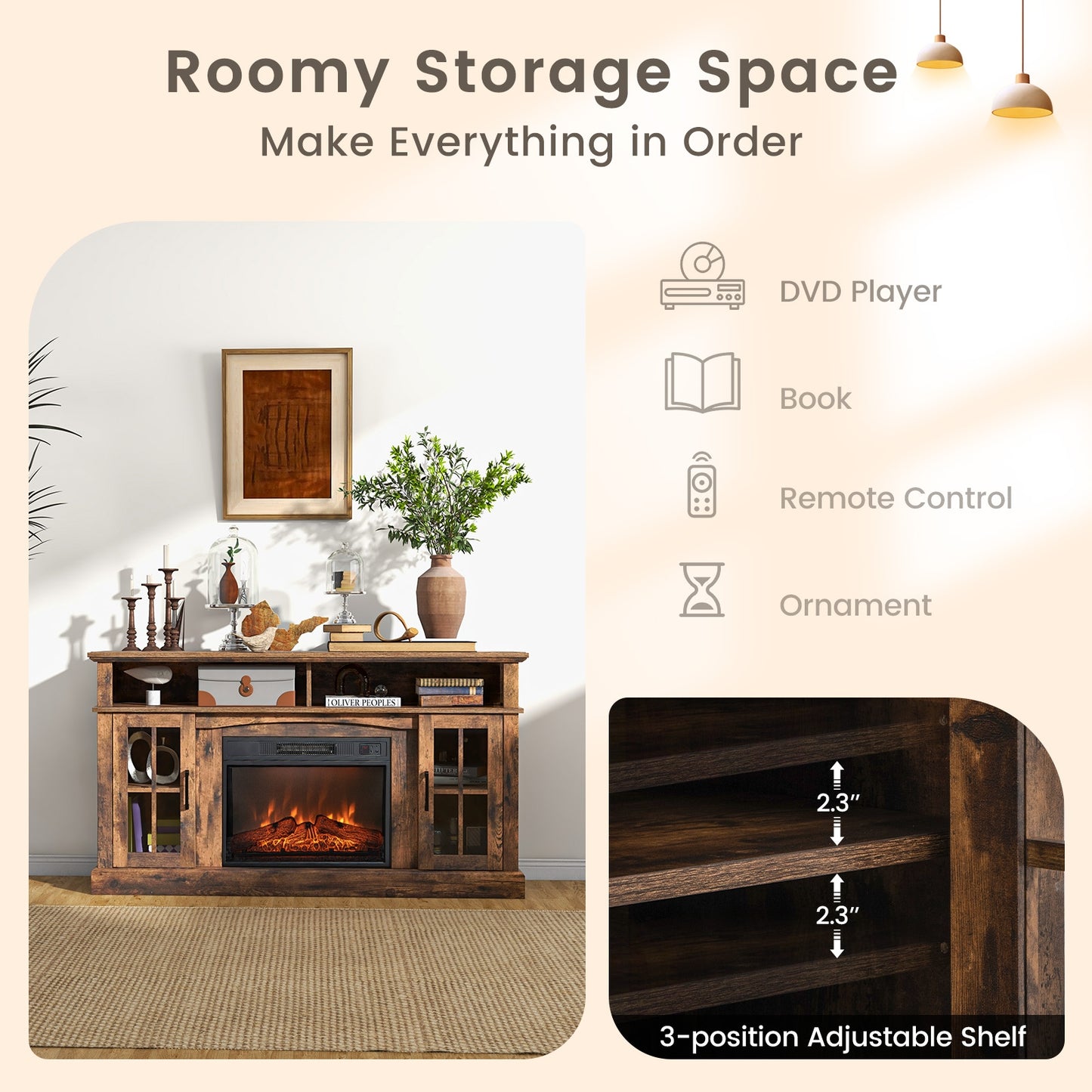 Fireplace TV Stand For 65 Inch TVs, With Side Cabinets And Remote Control, Brown Entertainment Centers & TV Stands at Gallery Canada