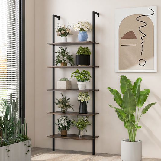 5 Tier Ladder Shelf Wall-Mounted Bookcase with Steel Frame, Brown Bookcases Brown at Gallery Canada
