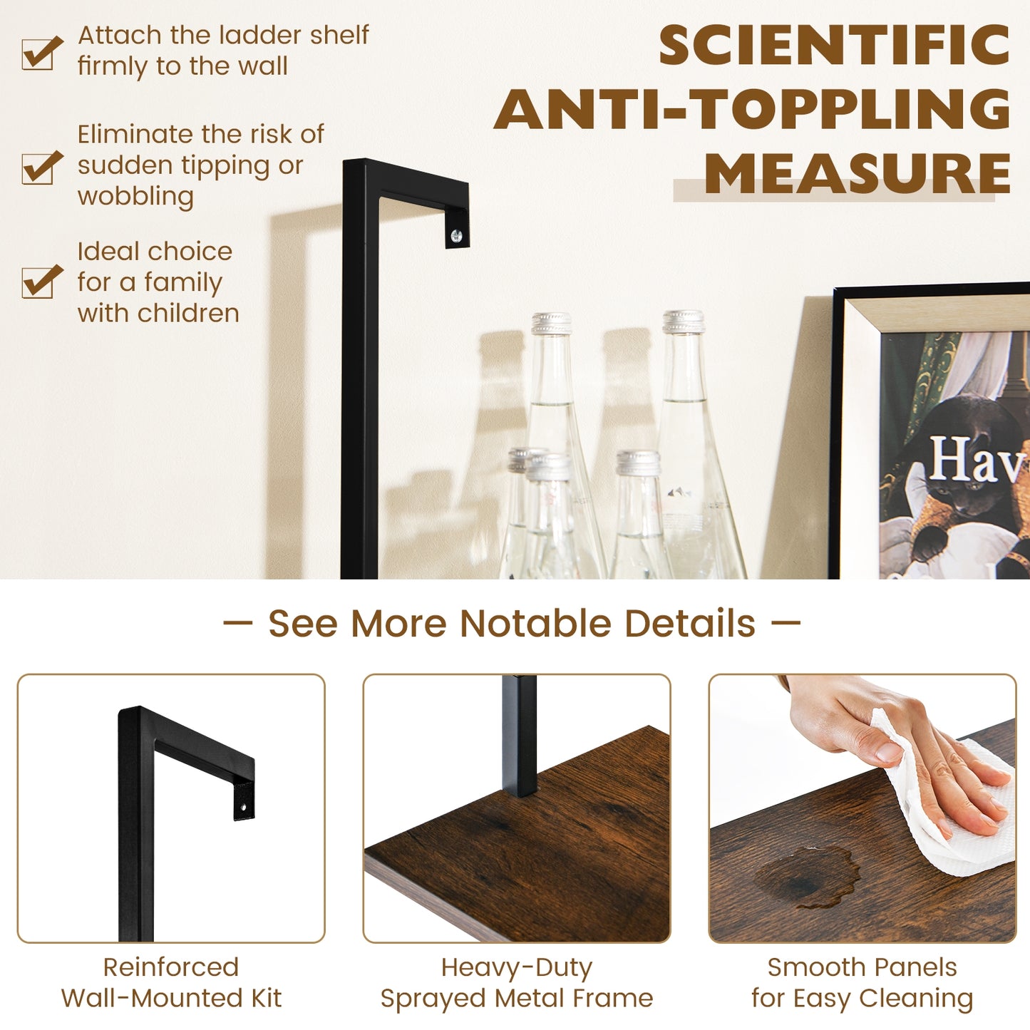 5 Tier Ladder Shelf Wall-Mounted Bookcase with Steel Frame, Brown Bookcases at Gallery Canada