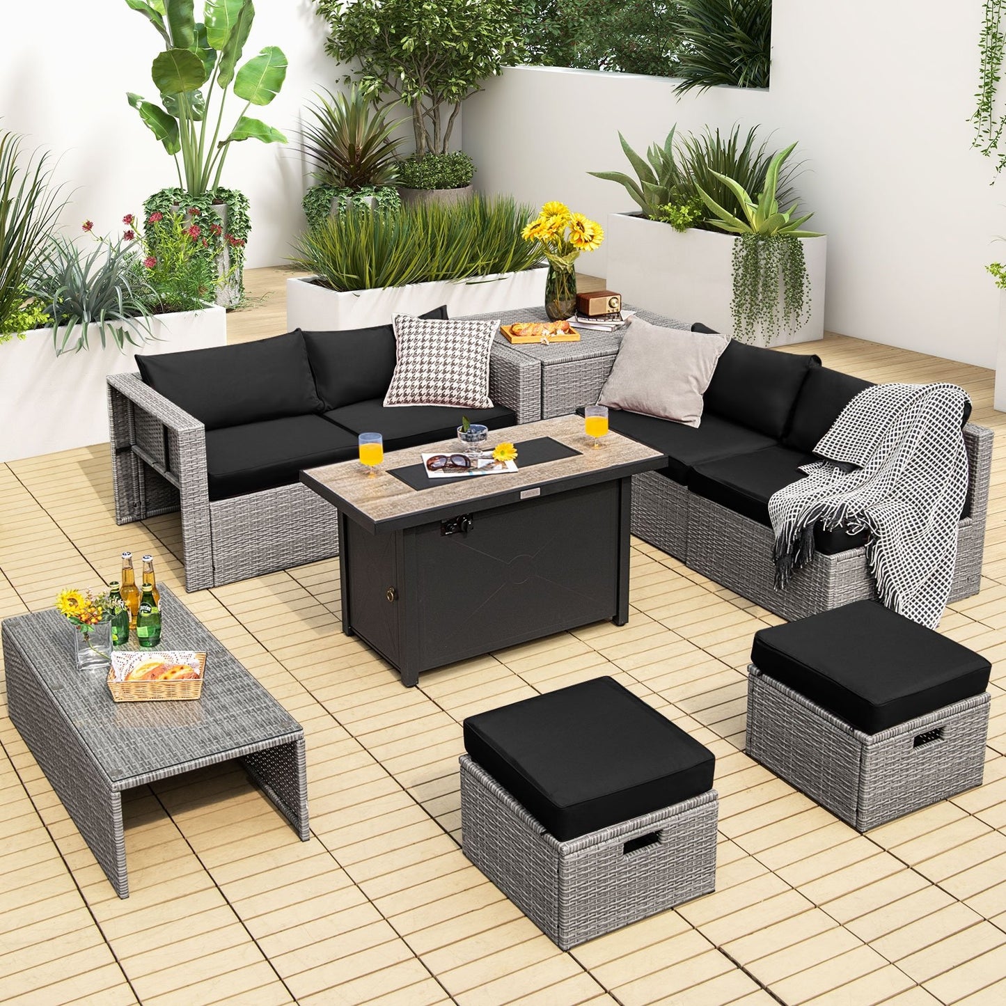 9 Pieces Patio Furniture Set with 42 Inches 60000 BTU Fire Pit, Black