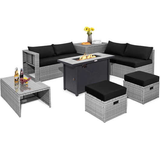 9 Pieces Patio Furniture Set with 42 Inches 60000 BTU Fire Pit, Black