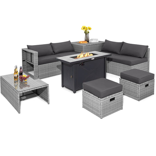 9 Pieces Patio Furniture Set with 42 Inches 60000 BTU Fire Pit, Gray