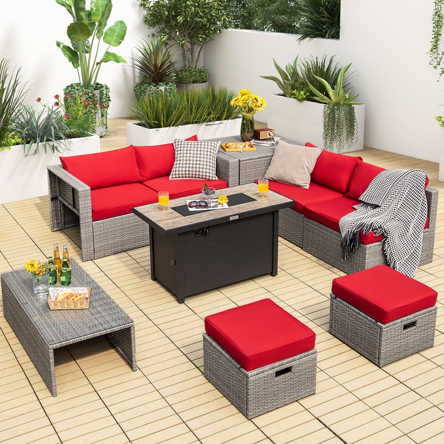 9 Pieces Patio Furniture Set with 42 Inches 60000 BTU Fire Pit, Red