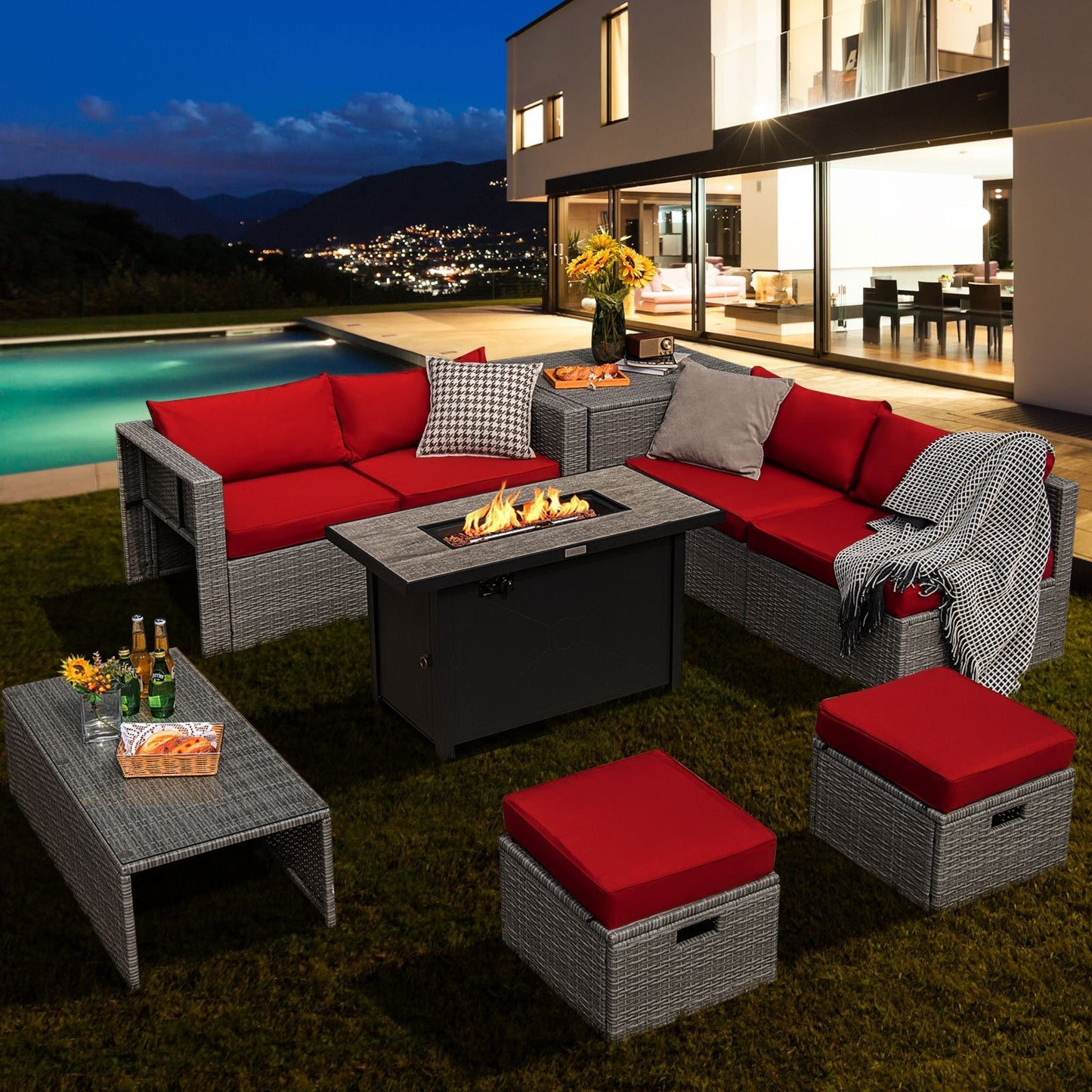 9 Pieces Patio Furniture Set with 42 Inches 60000 BTU Fire Pit, Red