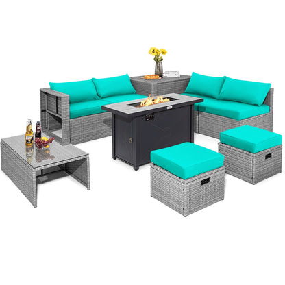 9 Pieces Patio Furniture Set with 42 Inches 60000 BTU Fire Pit, Turquoise