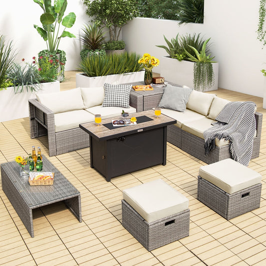 9 Piece Patio Furniture Set, 42 Inch 60000 BTU Fire Pit, White Patio Furniture Sets White at Gallery Canada