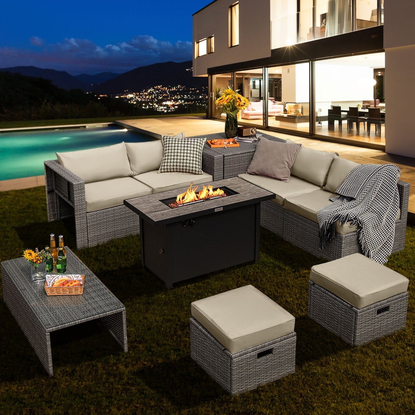 9 Pieces Patio Furniture Set with 42 Inches 60000 BTU Fire Pit, White