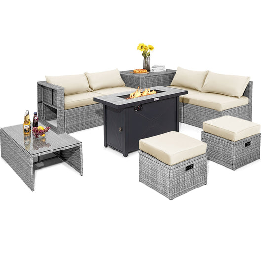 9 Pieces Patio Furniture Set with 42 Inches 60000 BTU Fire Pit, White