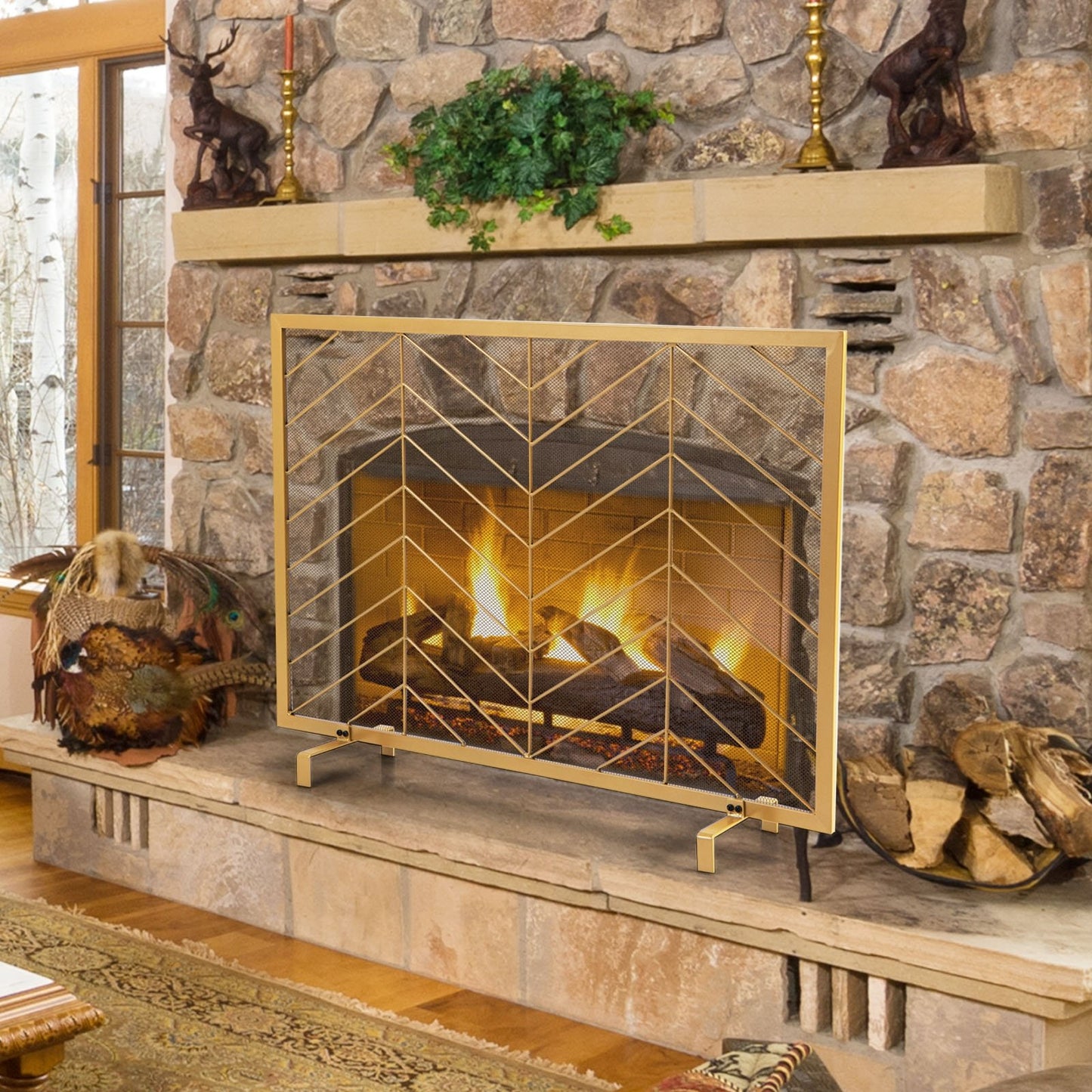 38 x 31 Inch Single Panel Fireplace Screen, Golden