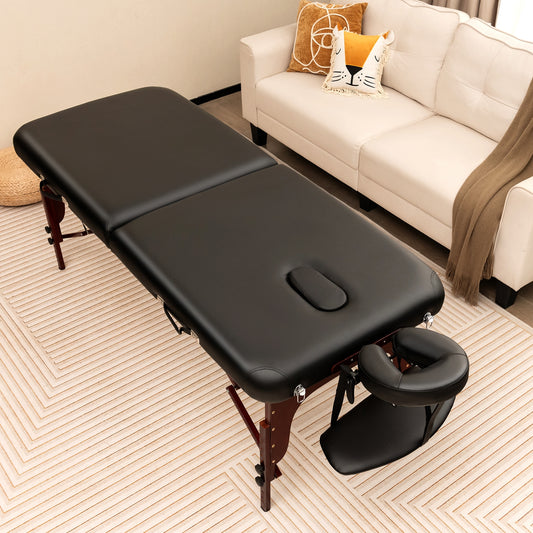 Folding Massage Table, Height-Adjustable Beech Wood Frame, Black Spa & Salon Black at Gallery Canada