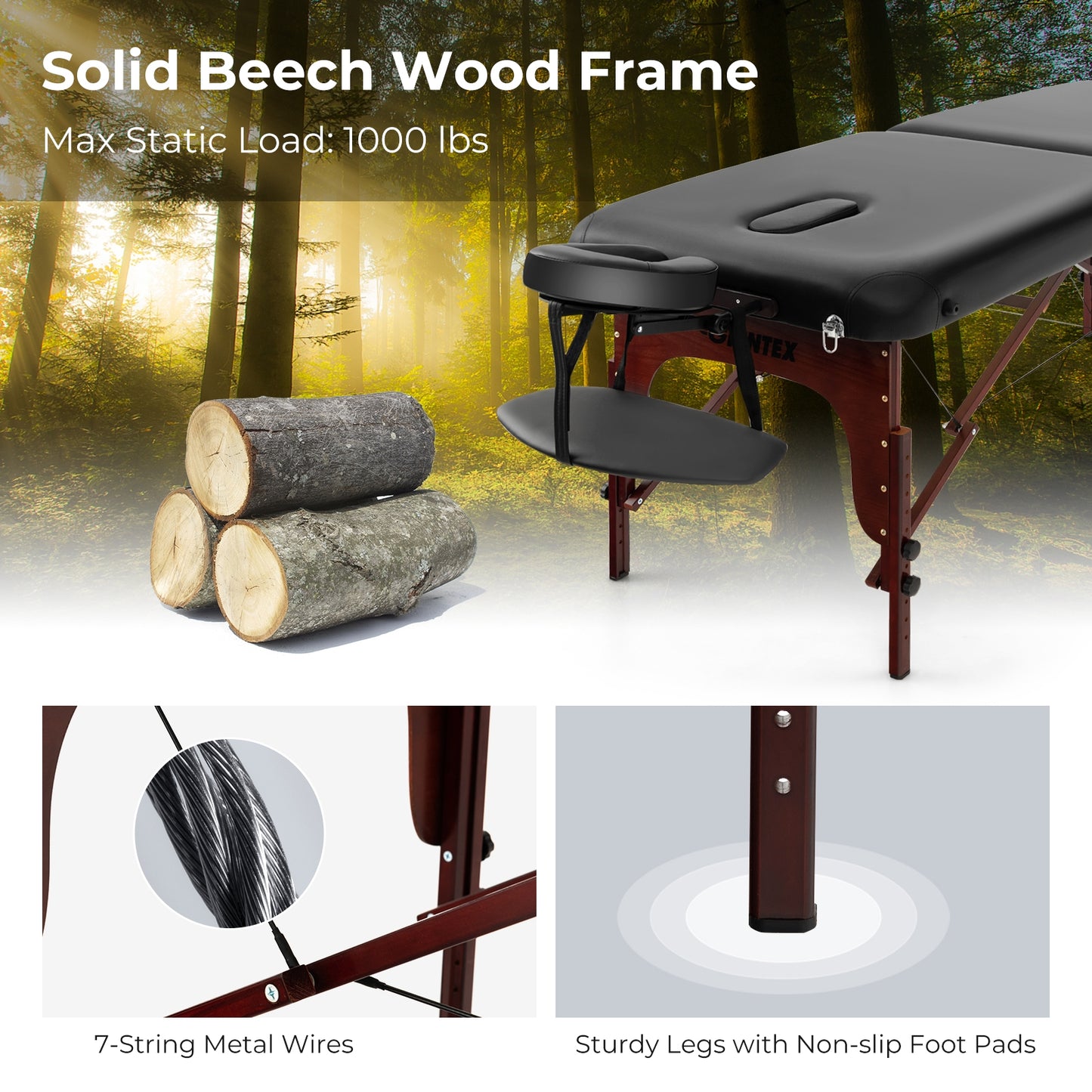 Folding Massage Table, Height-Adjustable Beech Wood Frame, Black Spa & Salon at Gallery Canada
