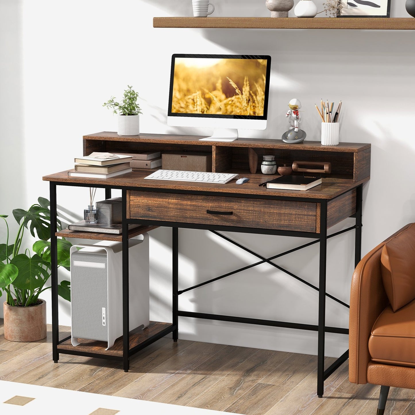 48 Inch Computer Desk with Monitor Stand Drawer and Shelves, Rustic Brown