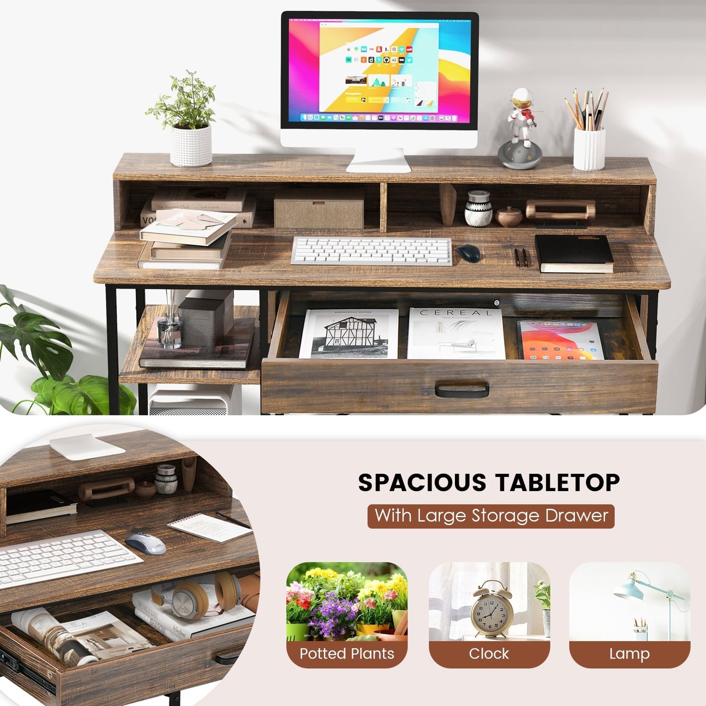 48 Inch Computer Desk with Monitor Stand Drawer and Shelves, Rustic Brown