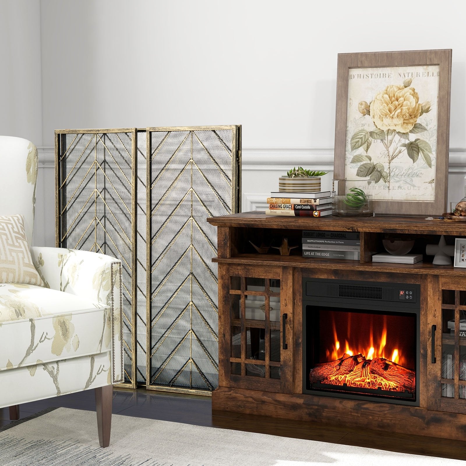 3-Panel Metal Foldable Fireplace Screen with Metal Mesh, Bronze at Gallery Canada