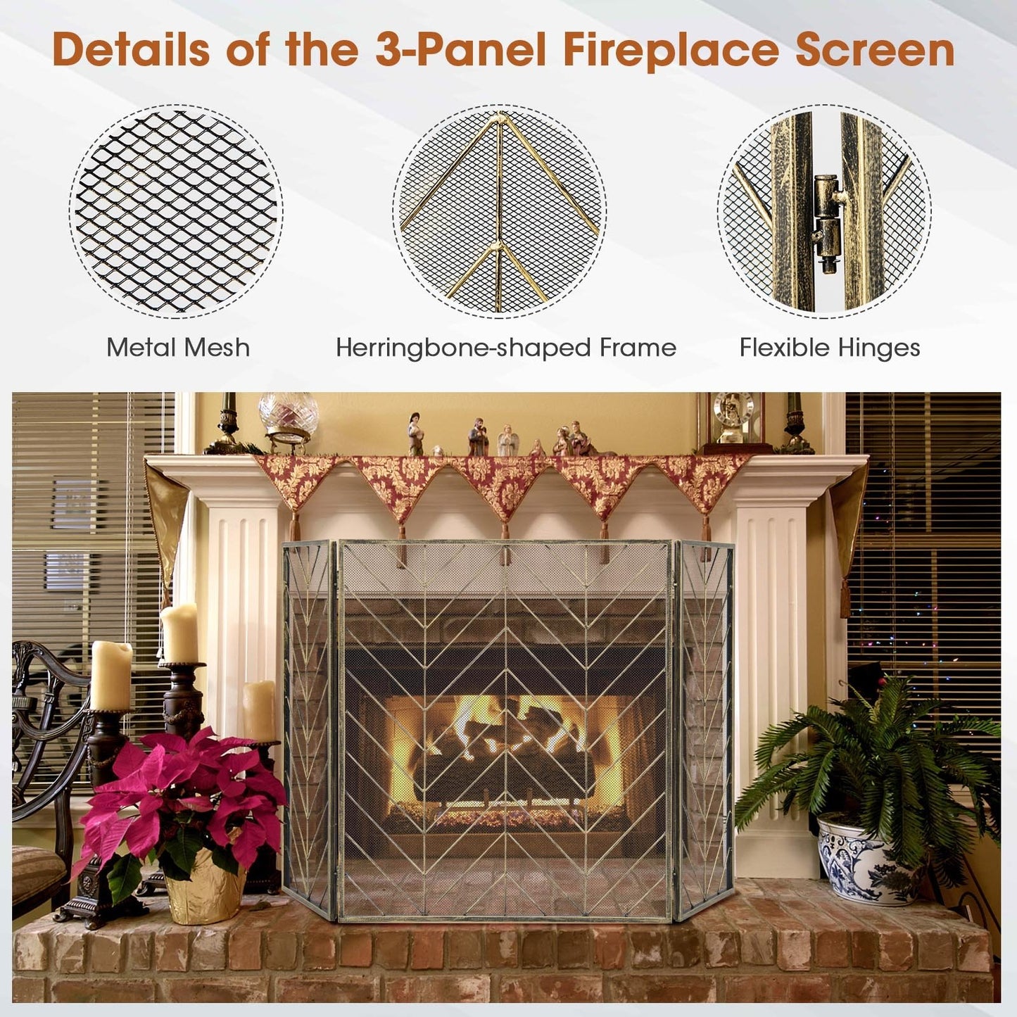 3-Panel Metal Foldable Fireplace Screen with Metal Mesh, Bronze