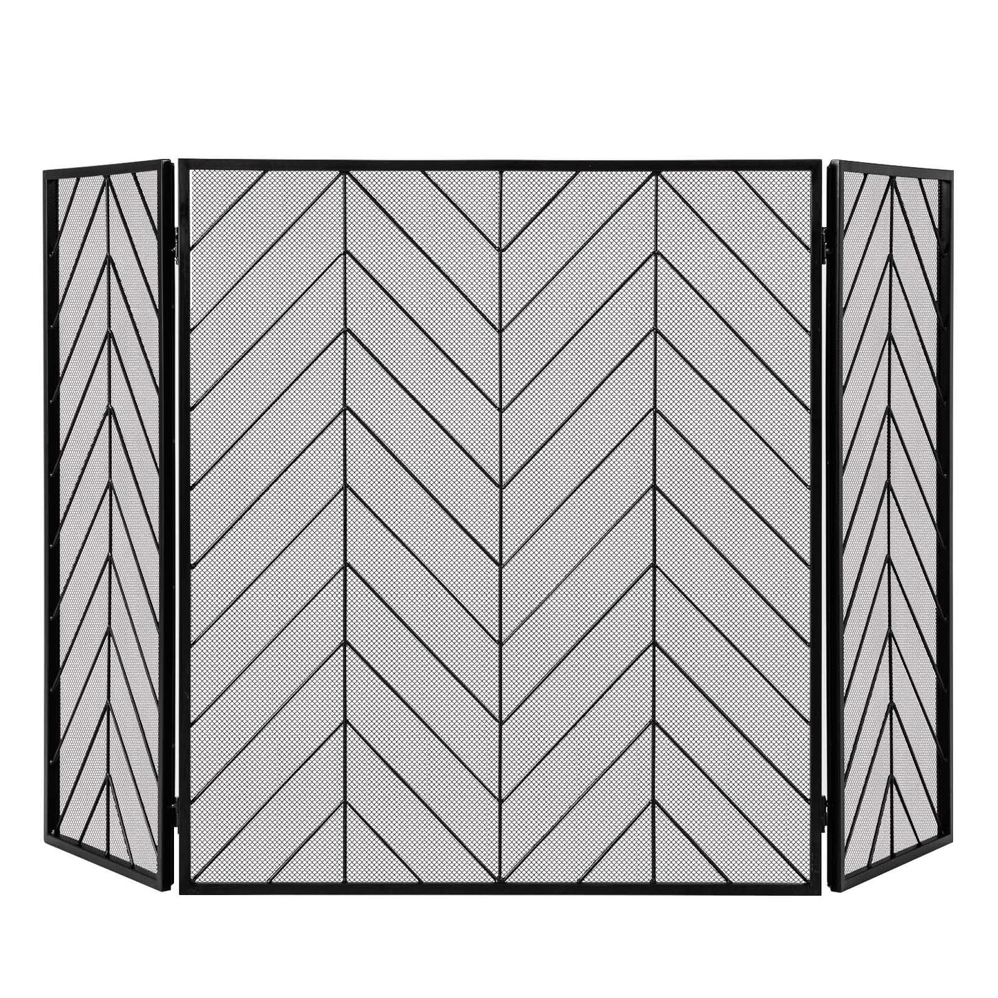 3-Panel Metal Foldable Fireplace Screen with Metal Mesh, Black