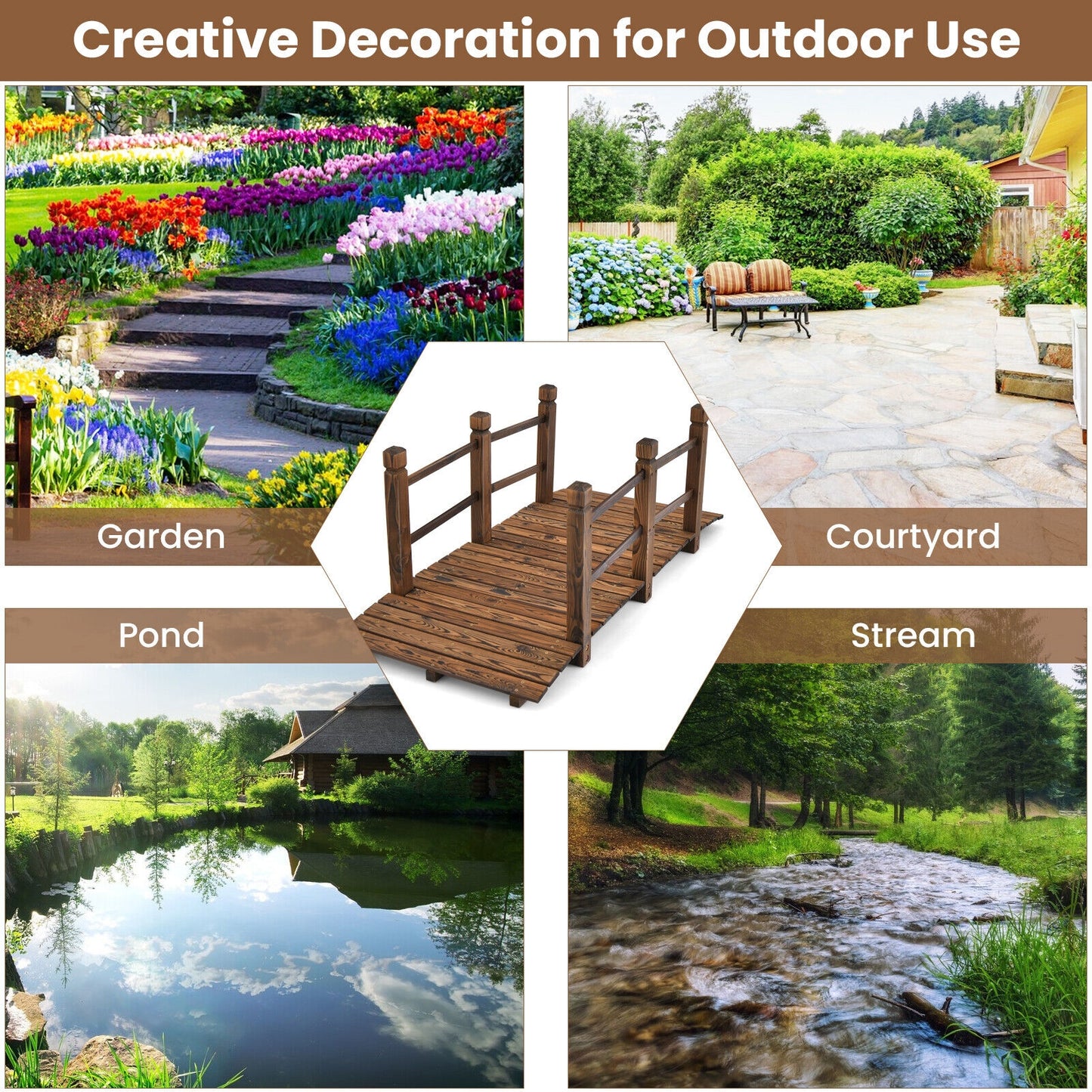 5 Feet Wooden Garden Bridge, With Safety Rails, Brown Outdoor Decor at Gallery Canada