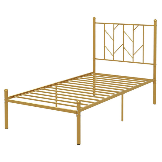 Twin/Full Size Metal Platform Bed Frame with Vintage Headboard-Twin Size, Golden