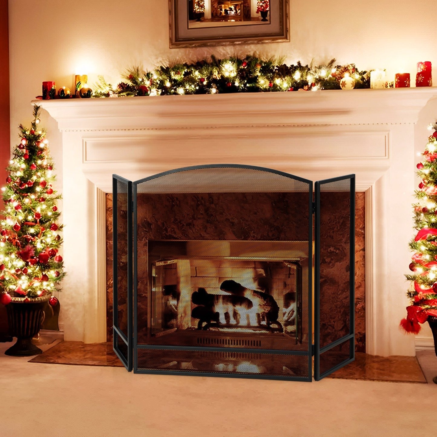 3-Panel Foldable Fireplace Screen with Wrought Metal Mesh, Black