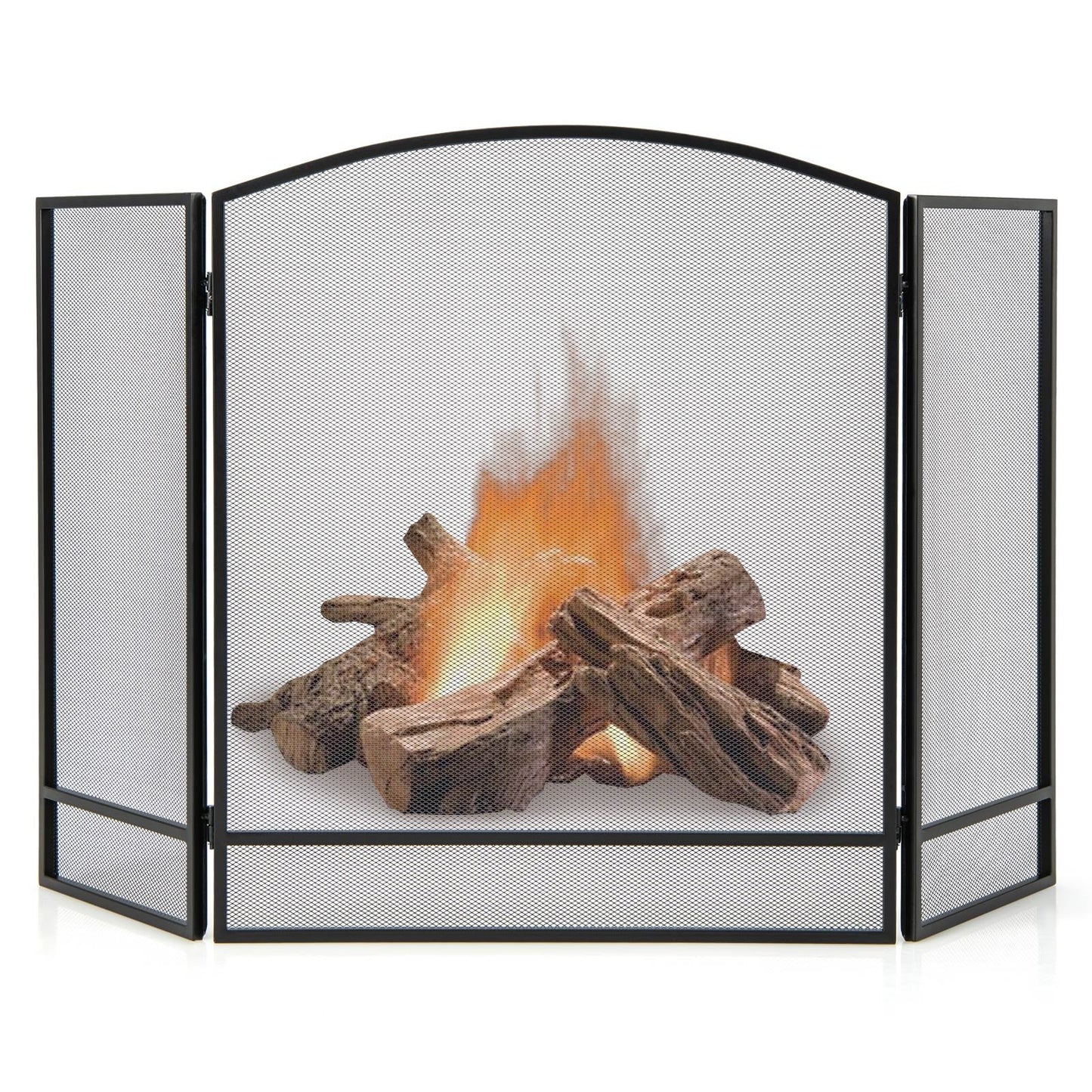 3-Panel Foldable Fireplace Screen with Wrought Metal Mesh, Black