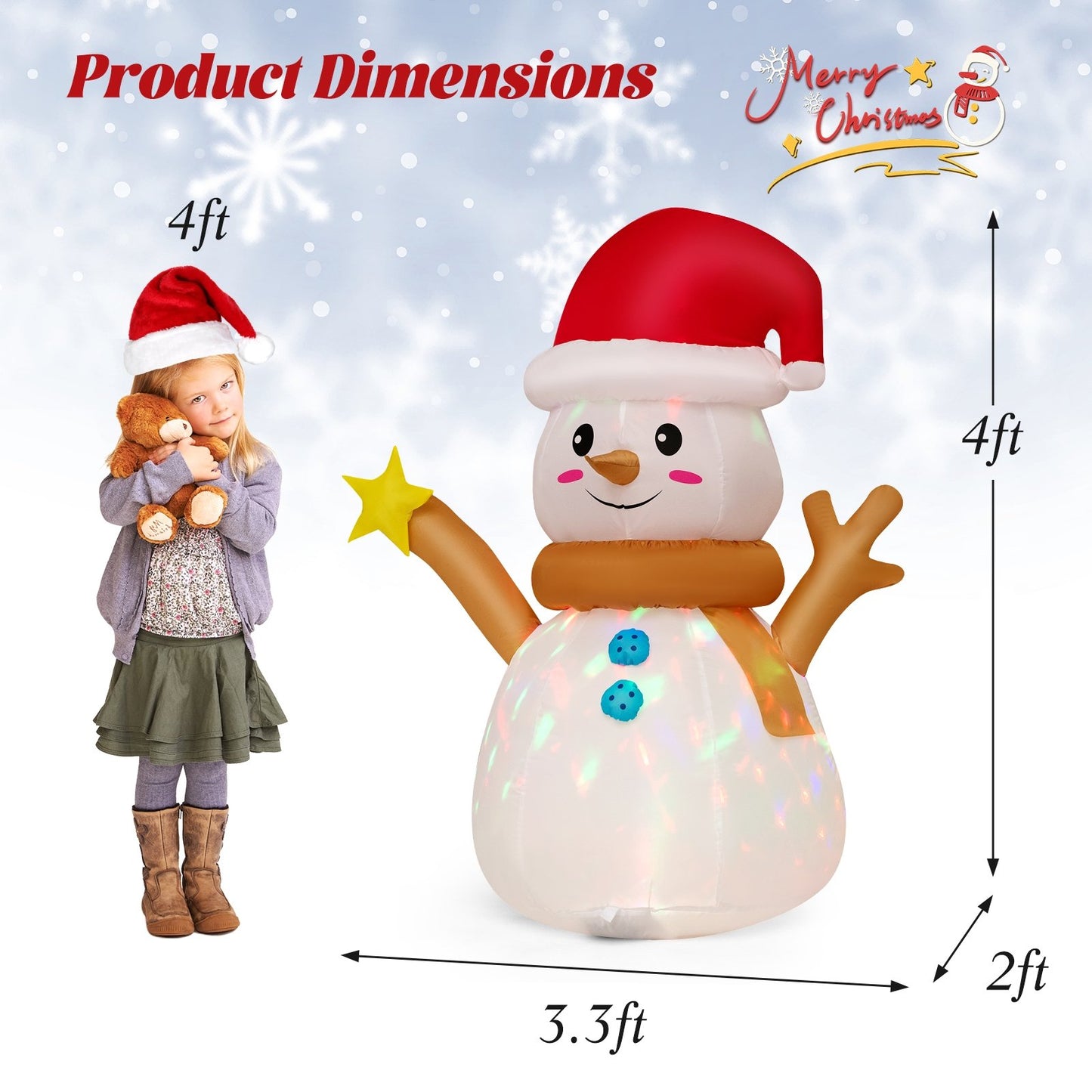4 Feet Inflatable Christmas Snowman with 360° Rotating Colorful LED Light, Multicolor