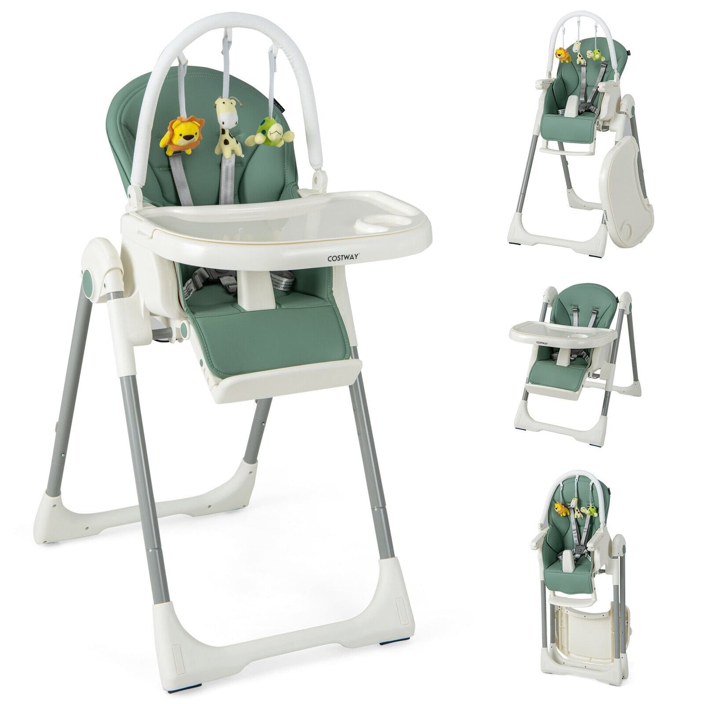 4-in-1 Foldable Baby High Chair with 7 Adjustable Heights and Free Toys Bar, Green