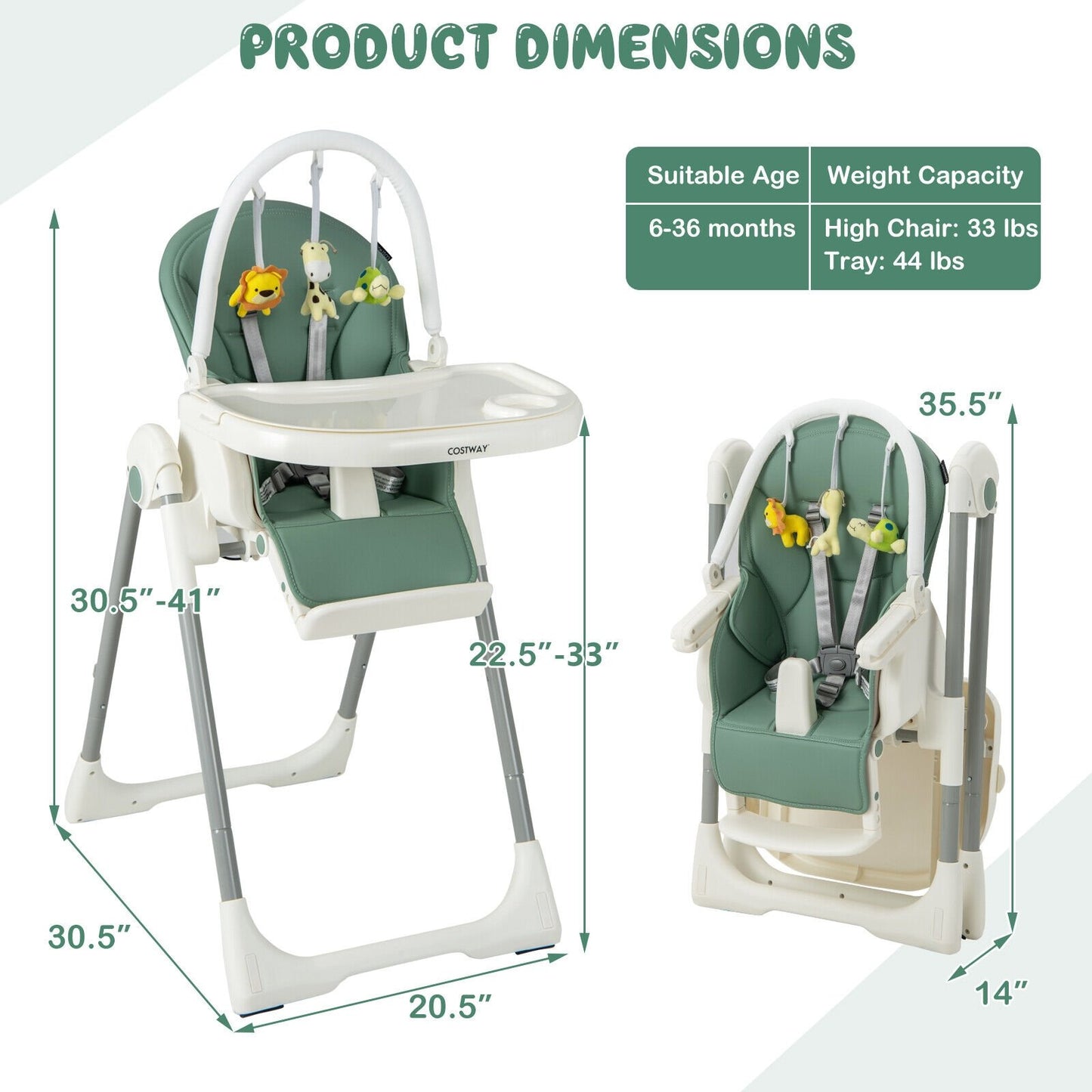 4-in-1 Foldable Baby High Chair with 7 Adjustable Heights and Free Toys Bar, Green