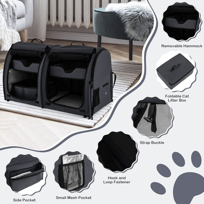 Double Compartment Pet Carrier with 2 Removable Hammocks, Black