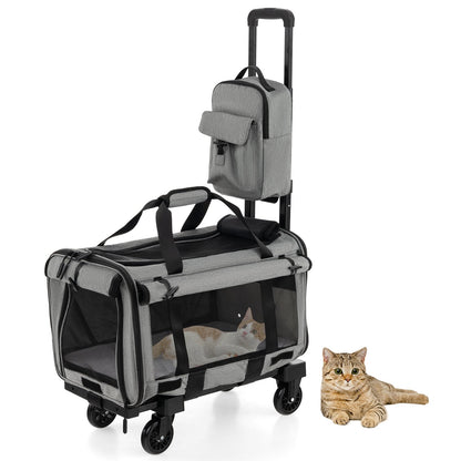 Rolling Cat Carrier with Dual-use Pads and Litter Bag, Gray