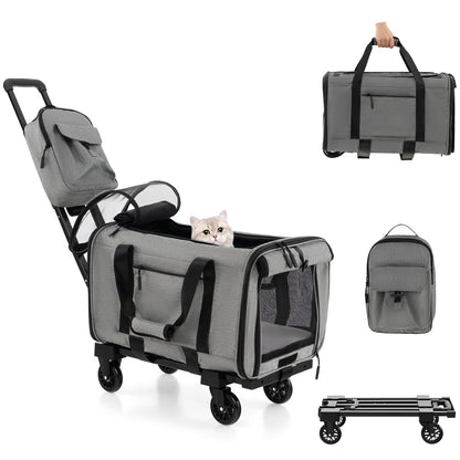 Rolling Cat Carrier with Dual-use Pads and Litter Bag, Gray