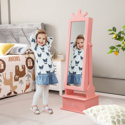 2-in-1 Kids Play Jewelry Armoire With Full Length Mirror, Pink