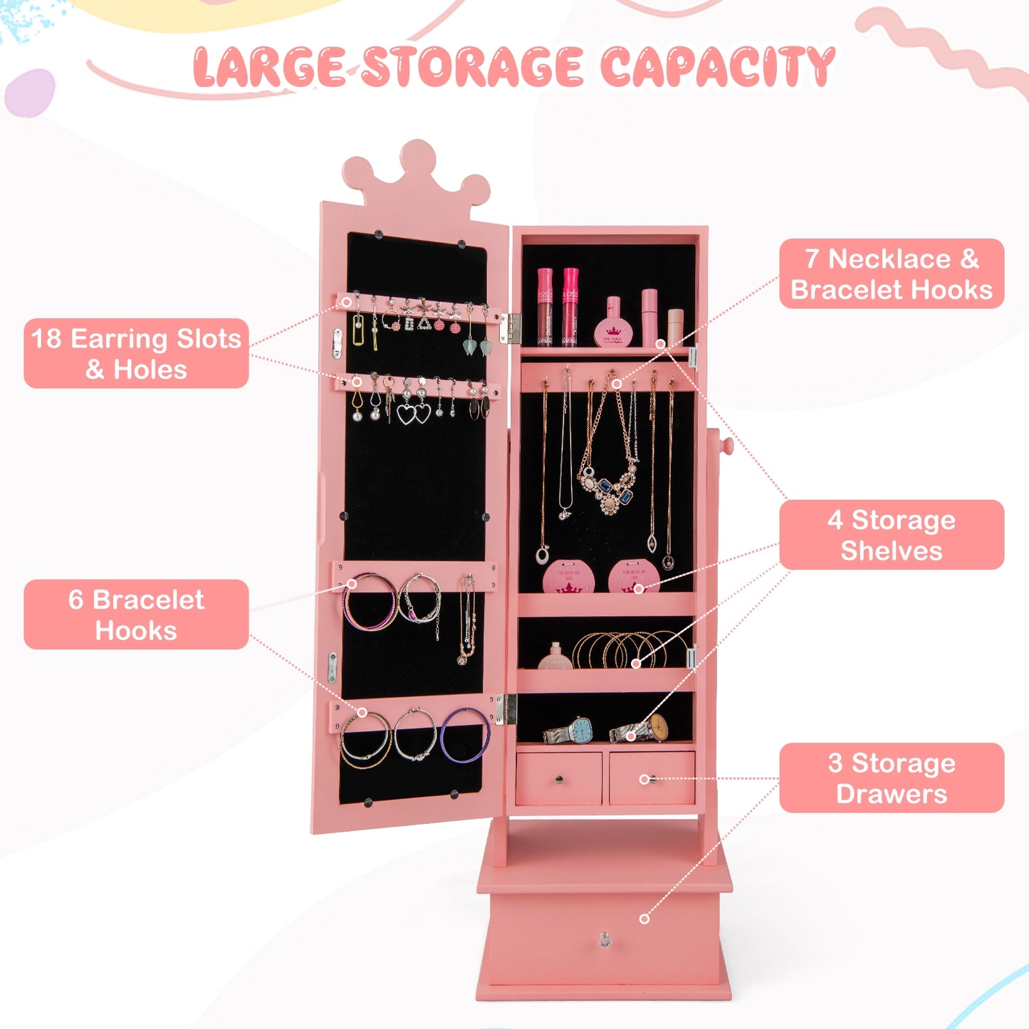 2-in-1 Kids Play Jewelry Armoire with Full Length Mirror and Drawers, Pink Kids Vanities at Gallery Canada